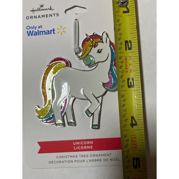 Hallmark 2022 Rainbow Unicorn Christmas Ornament 2.5” Flat Metal Enamel Glittery - Picture 6 of 8